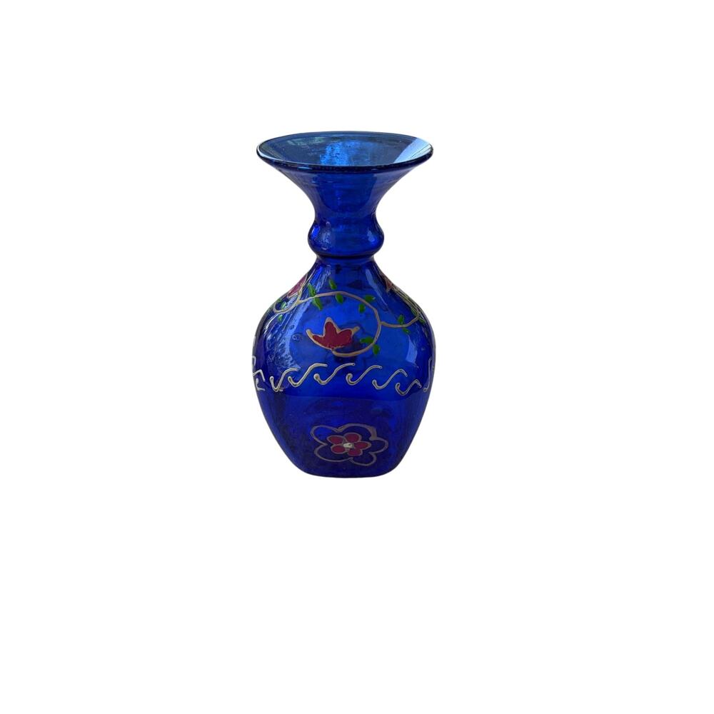 VTG Bohemian Glass Cobalt Blue 5 1/2” Vase w Painted Flowers